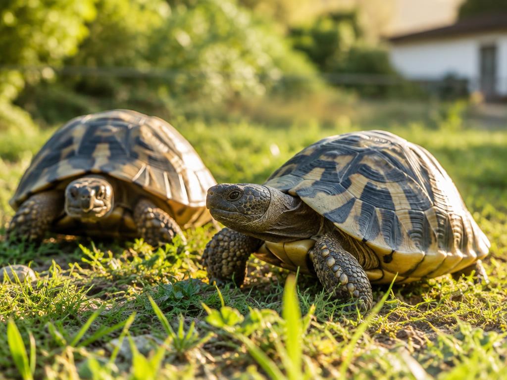 To landskildpadder på græsset i gårdsplantagen